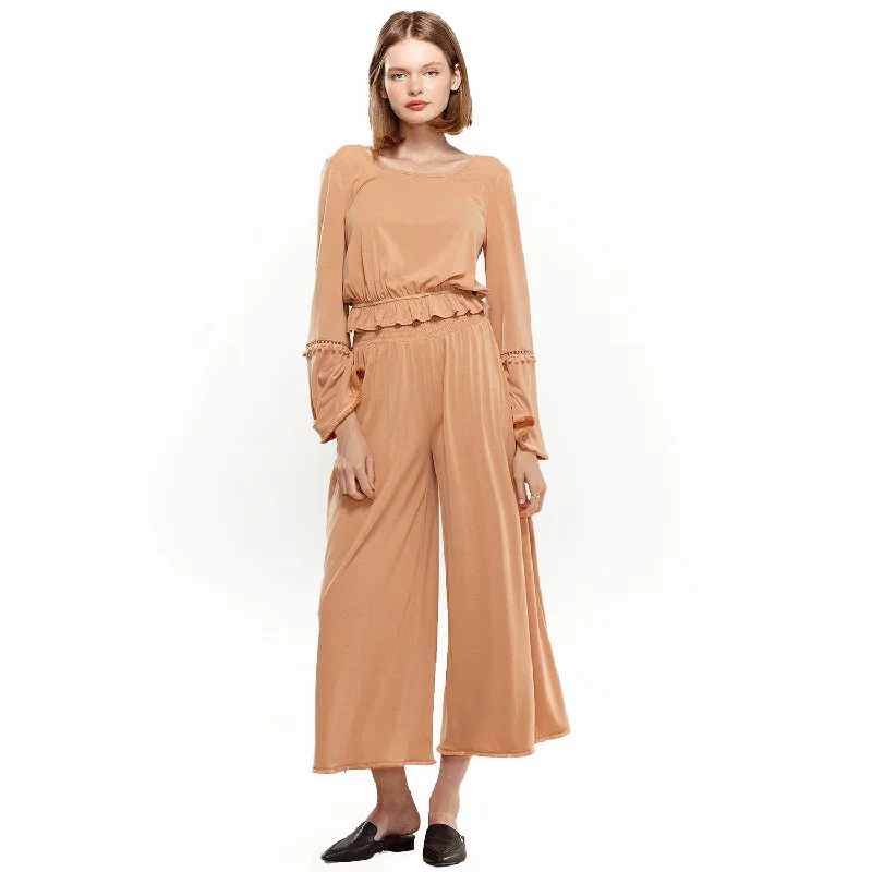 Soft Tops Smocked Waist Wide Leg Palazzo Pants in Apricot