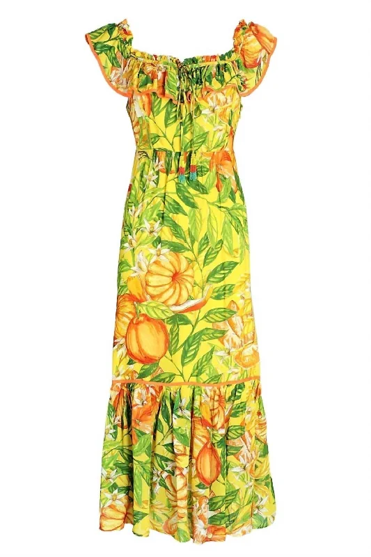 Relaxed Weekend Wear Tangerines Yellow Midi Dress In Yellow Multi