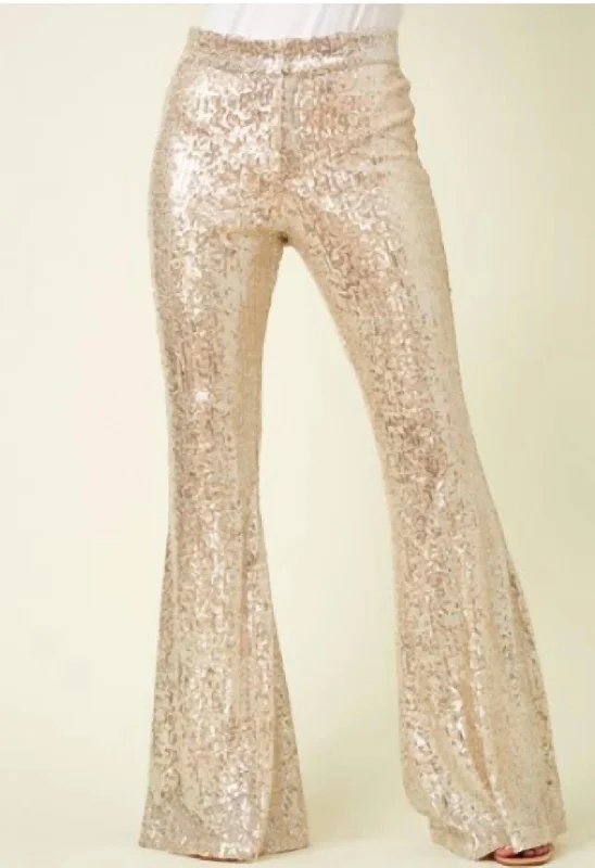 Trendy Comfort Wear Women's Comfy + Chic Flared Leg Sequins Trousers In Champa