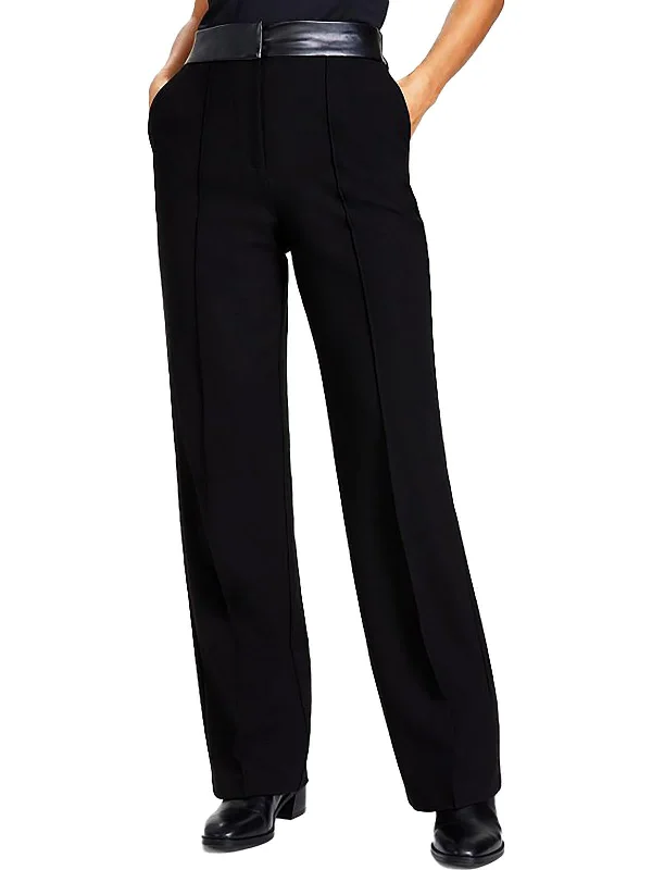 Comfortable Lifestyle Womens Faux Leather Trim High Rise Straight Leg Pants