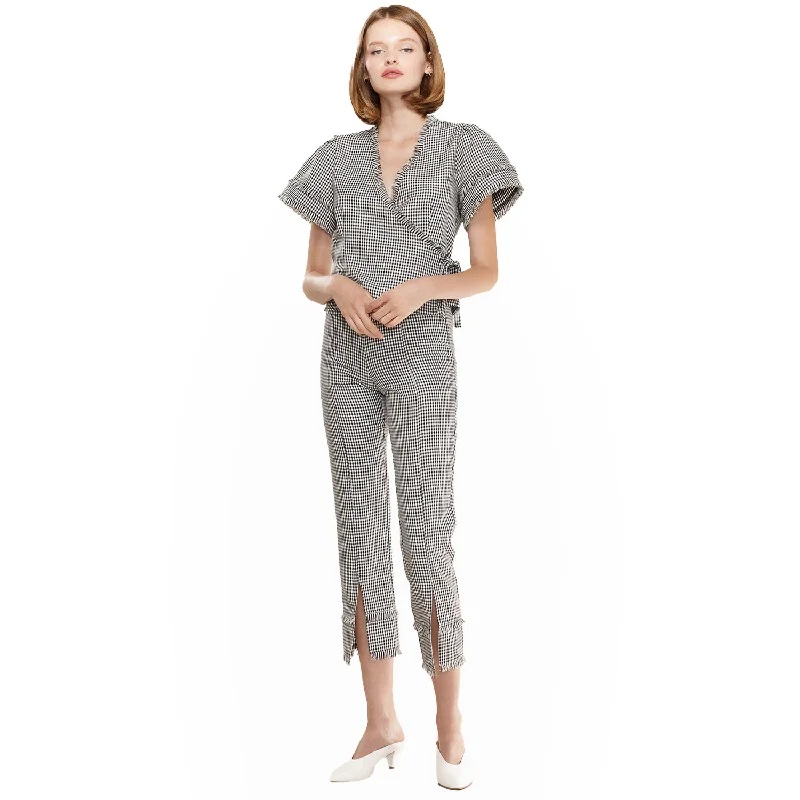 Relaxed Clothing Women's Fringe Trim Slit Hem Gingham Pants in Black Gingham