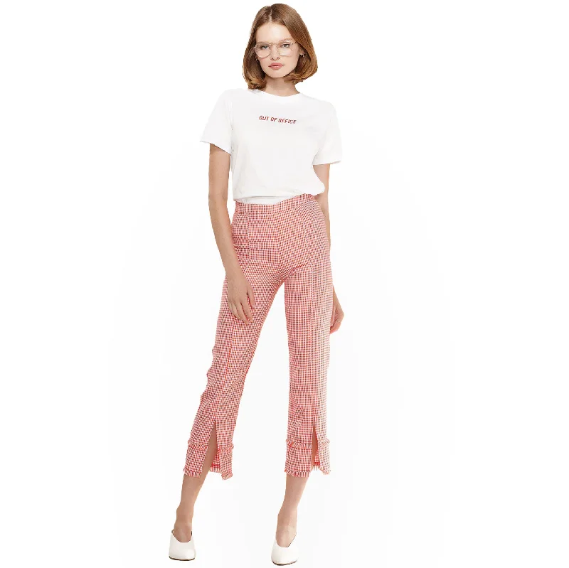 Easy Chic Women's Fringe Trim Slit Hem Gingham Pants in Red Gingham