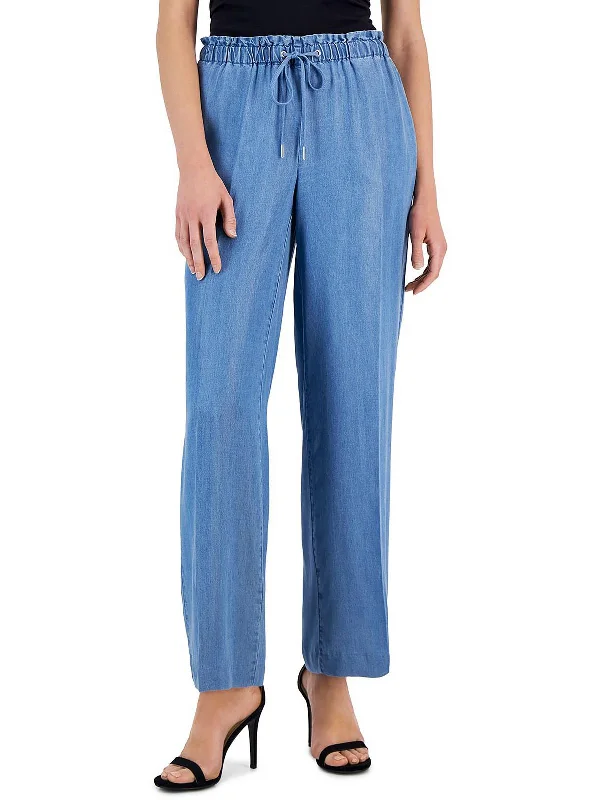 Relaxed Weekend Wear Womens Tencel Drawstring Hem Wide Leg Pants