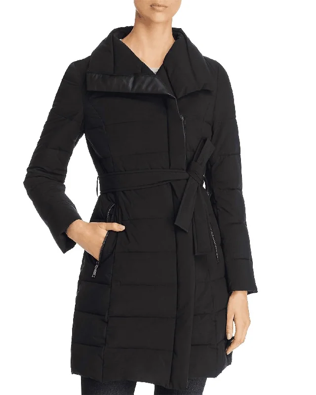 Timeless Outfits Asymmetrical Belted Stand Collar Puffer Coat In Black
