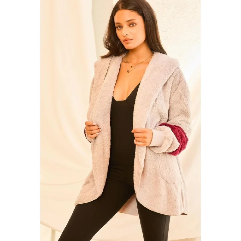 Simple Chic Color Block Long Sleeve Wool Hoodie Jacket With Pocket