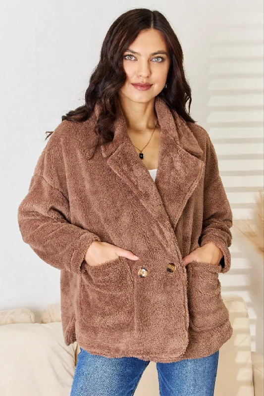 Easy-to-Wear Double Breasted Fuzzy Coat