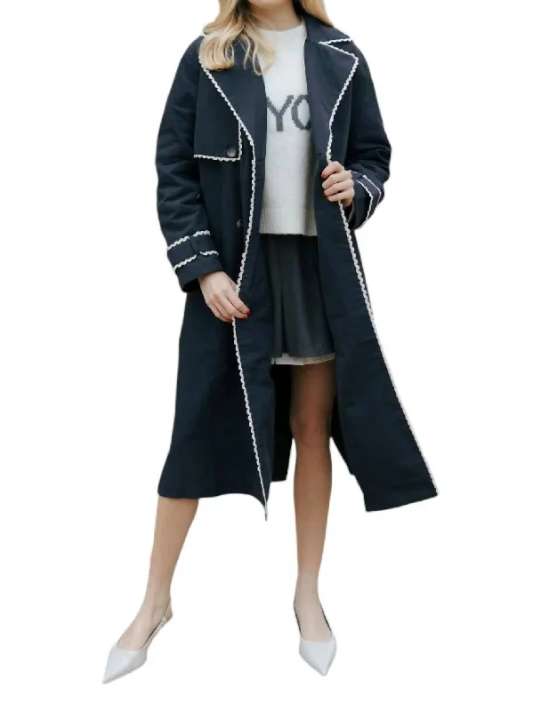 Layered Style Lace Trim Trench Coat In Navy