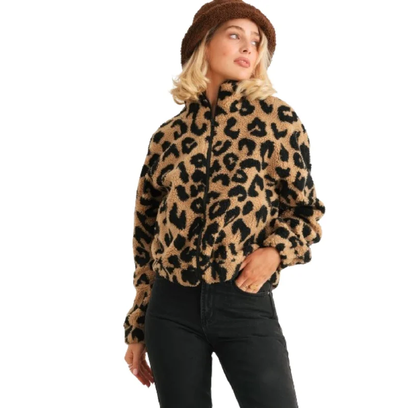 Elegant Dressing Leopard Teddy Zip-up Two Pocket Jacket