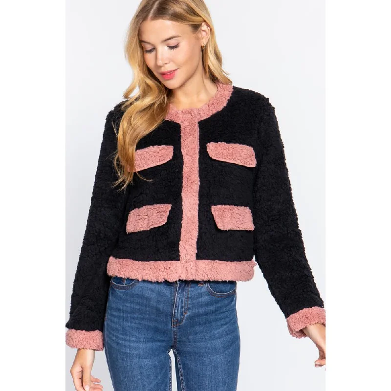 Simple Chic Long Sleeve Pocket Detail Faux Fur Jacket