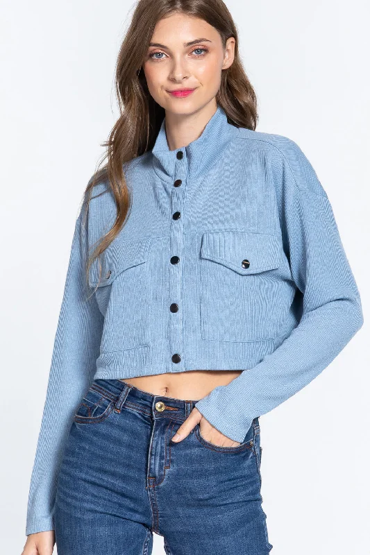 Soft Textures Long Slv Snap Button Crop Jacket