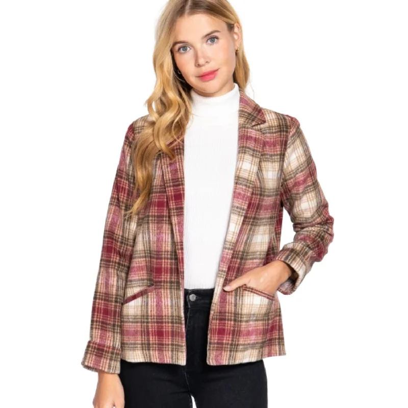 Comfy Chic Wear Notched Collar Plaid Jacket