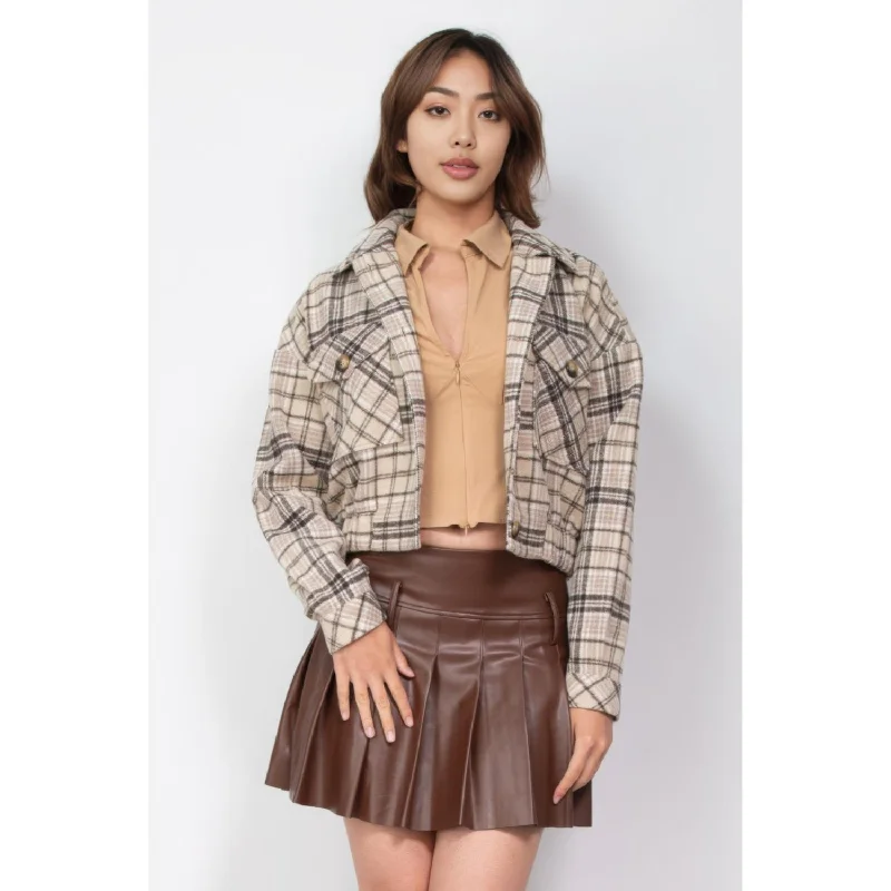 Relaxed Fashion Plaid Button-down Crop Jacket