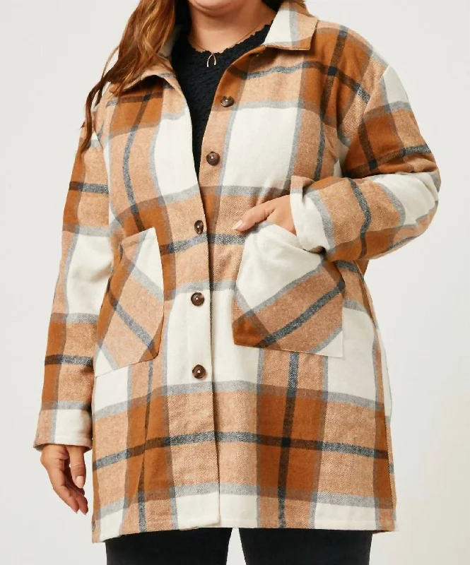 Easy Chic Plaid Button Up Patch Pocket Coat - Plus In Camel