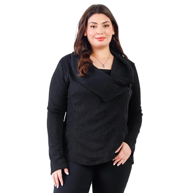 Casual Fit Plus Black Lurex Draped Collar Side Zip Up Lightweight Jacket
