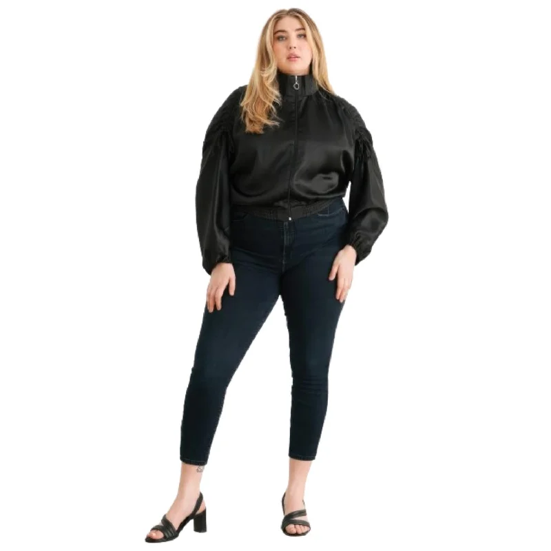 Cozy Lounge Wear Plus Satin Zip-up Ruched Long Sleeve Cropped Bomber Jacket