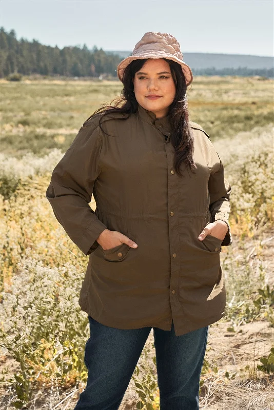 Soft Comfort Wear Plus Size Glossy Drawstring Hem Button-down Coach Jacket