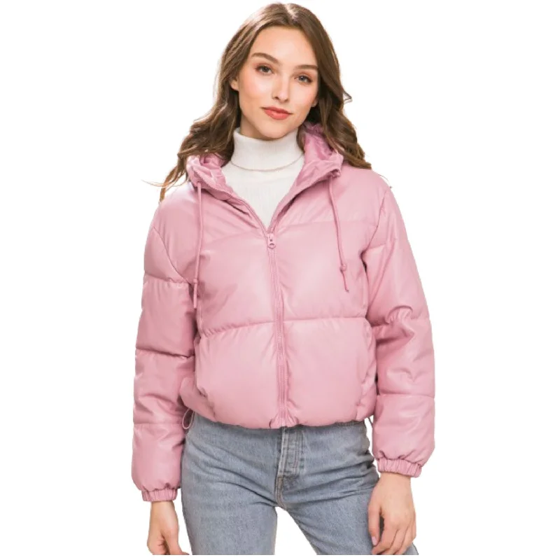 Relaxed Tops Pu Faux Leather Zipper Hooded Puffer Jacket