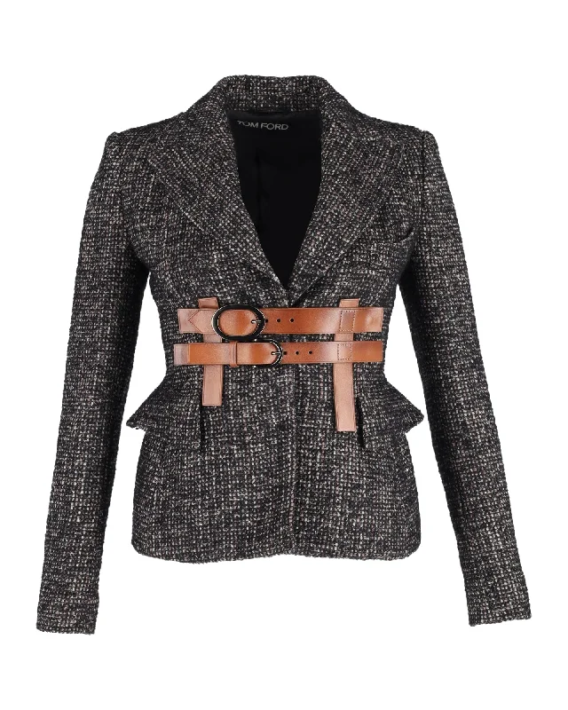 Smart Comfort Wear Tom Ford Couture Tweed Jacket with Leather Trim in Grey Wool