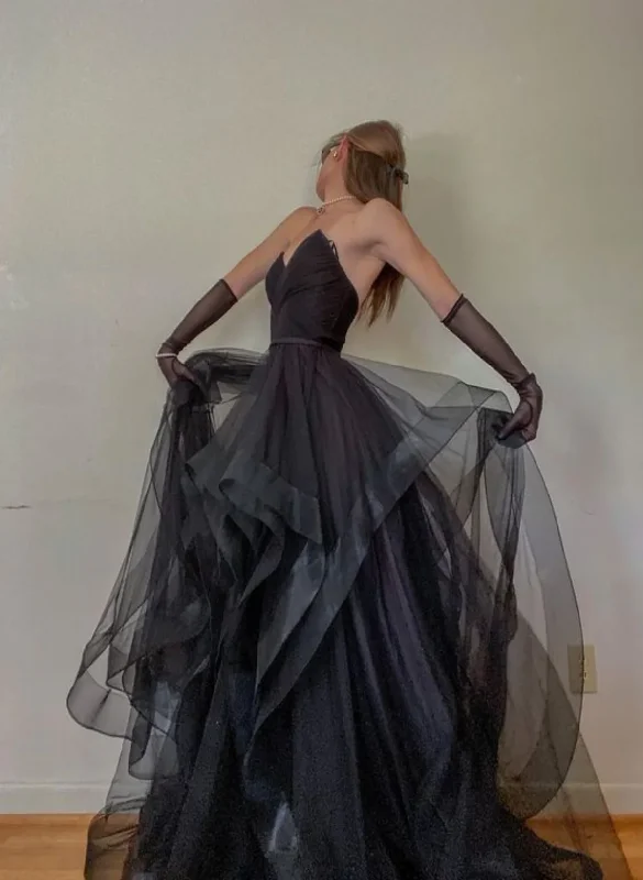 Soft Looks Black A-Line Tulle Layers Sweetheart Long Prom Dress Evening Gown, DP2082