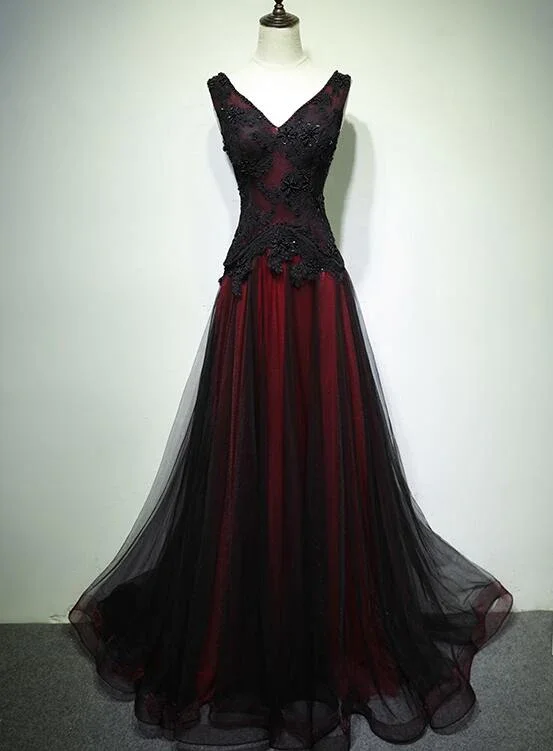 Cozy Footwear Black And Red V-Nec Tulle Beaded Prom Dress Long Evening Gown, DP2075