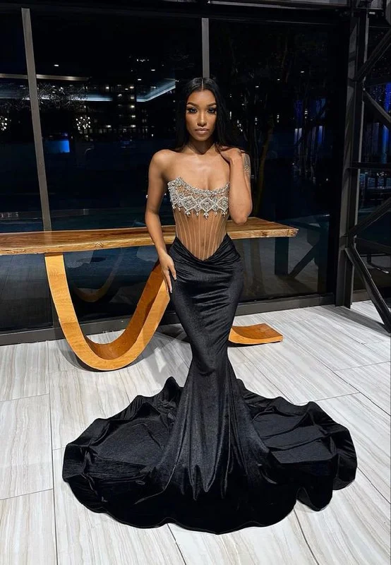 Casual Fit Wear Black Strapless Mermaid Beading Black Girl Long Prom Dress, DP2101