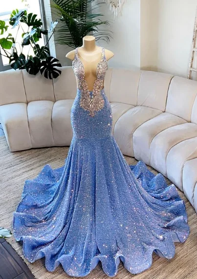 Light Layers Blue Sequin Mermaid Beading Long Prom Dress, DP2098