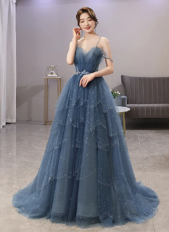Relaxed Fashion Blue Shiny Tulle Layers Straps Beaded Long Prom Dress A-Line Evening Gown, DP2079