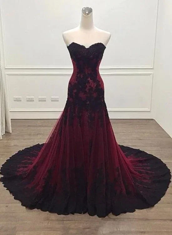 Everyday Outfits Burgundy Sweetheart Tulle Lace Evening Gown Long Formal Party Dress, DP2078