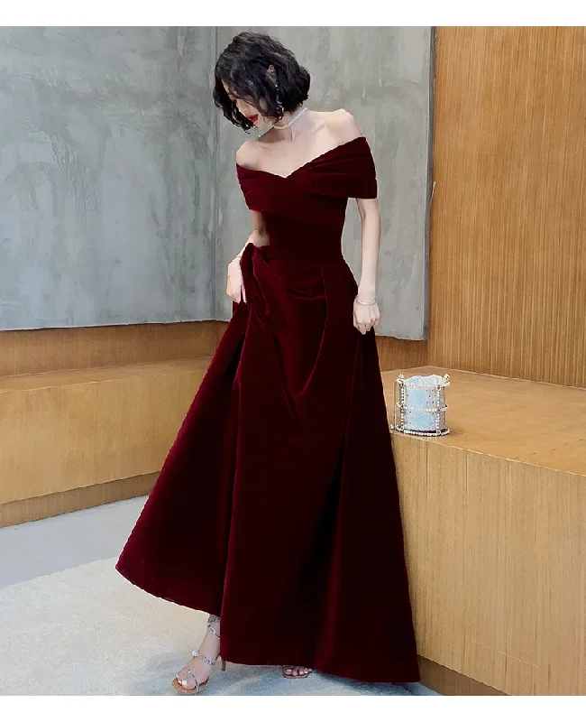 Timeless Style Burgundy Velvet Off Shoulder  A-Line Long Prom Dress, DP2076