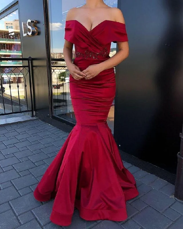 Comfortable Tops Elegant Burgundy Off Shoulder Mermaid Formal Party Dress, DP2108