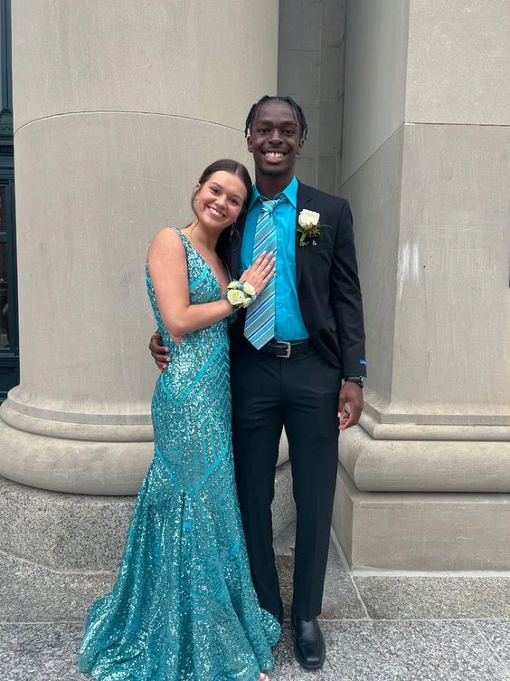 Relaxed Tops Peacock Blue Elegant V Neck Sequins Mermaid Long Prom Dress, DP2104