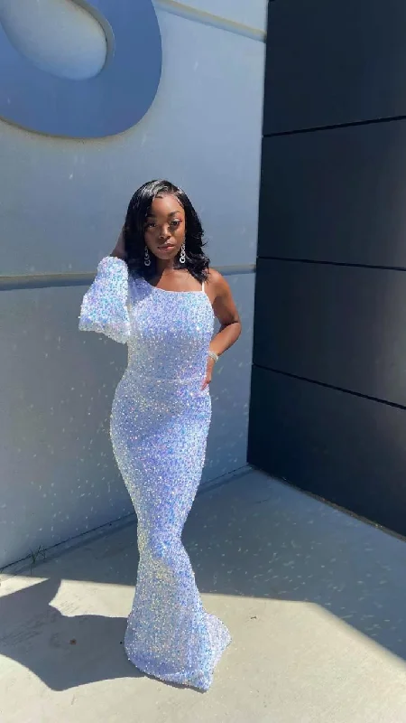 Warm Wear Glitter White One Shoulder Sequins Black Girl Mermaid Long Party Dress, DP2106