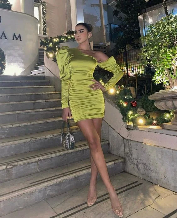 Casual Fit Wear Green Long Sleeves Satin Short Party Dress, DP2089