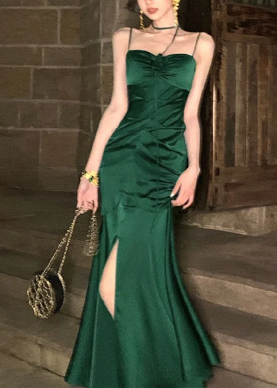Comfortable Lounge Wear Green Spaghetti Straps Mermaid Satin Long Party Dress, DP2086