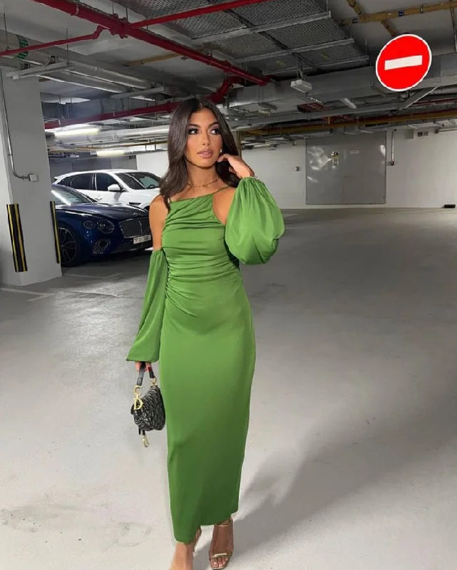 Cozy Chic Wear Green Straps Long Sleeves Sheath Long Party Dress, DP2093