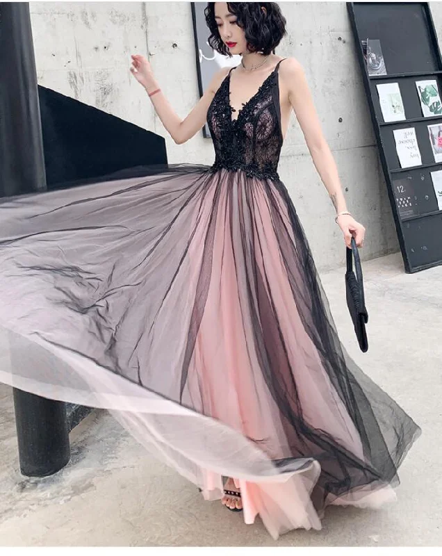 Soft Layers Pink Tulle V-Neck Applique Long Party Dress Evening Gown, DP2080