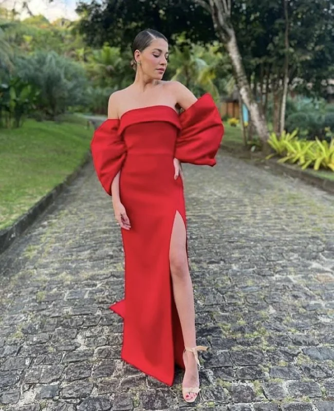 Trendy Layers Red Off Shoulder Elegant Long Party Dress with Slit, DP2097