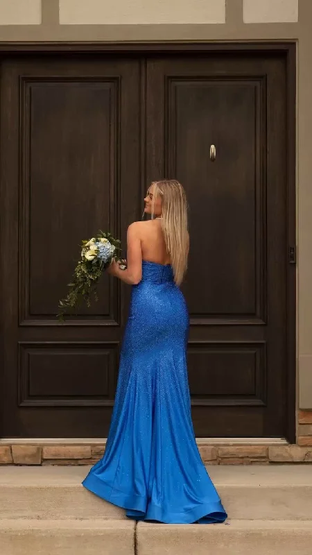 Simple Chic Royal Blue Strapless Elegant Long Prom Dress with Slit, DP2103