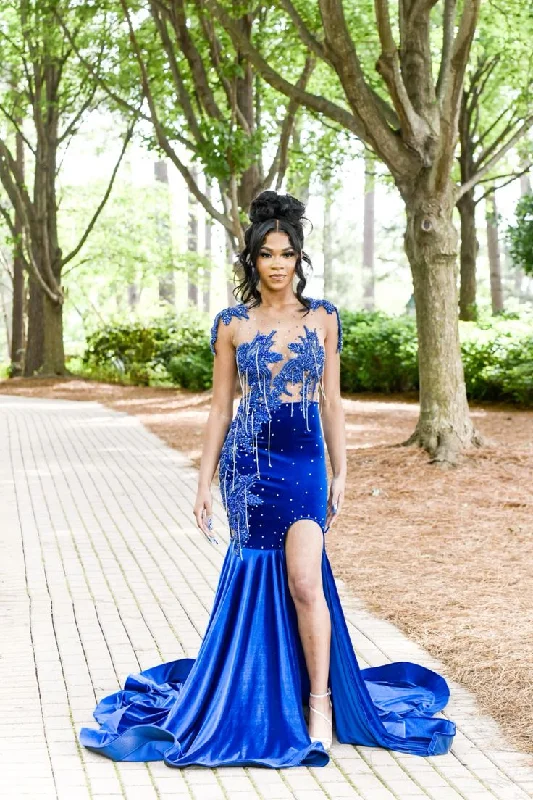 Effortless Outfits Royal Blue Velvet Appliques Beading Mermaid Long Prom Dress, DP2105