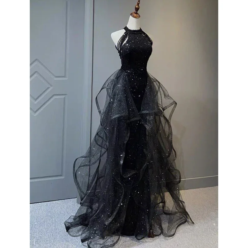 Simple Comfort Shiny Black Halter Tulle Long Party Dress Evening Gown, DP2081