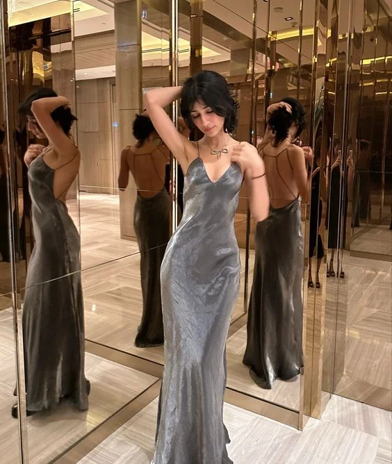 Cozy Essentials Wear Silver V Neck Backless Chic Long Party Dress, DP2084